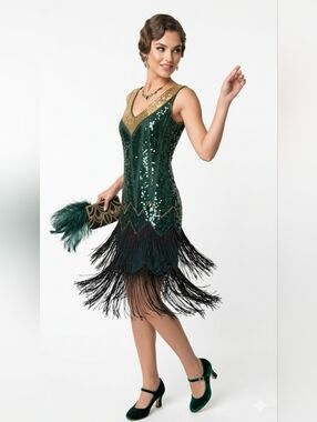 Vintage Green Sequin Fringe Mini Dress with Gold Accents M